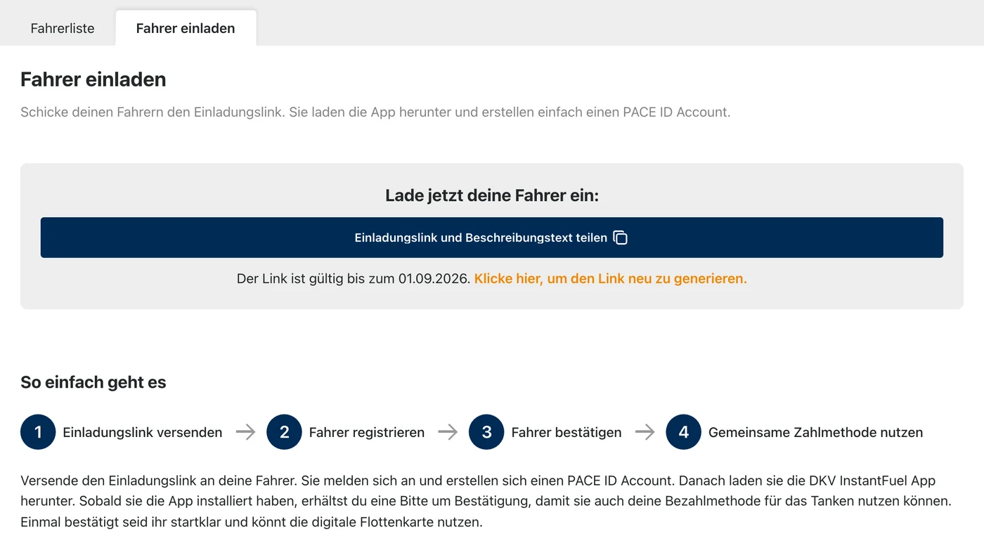 DKV InstantFuel-Dashboard: die Seite „Fahrer einladen“ mit Button zum Teilen des Einladungslinks.