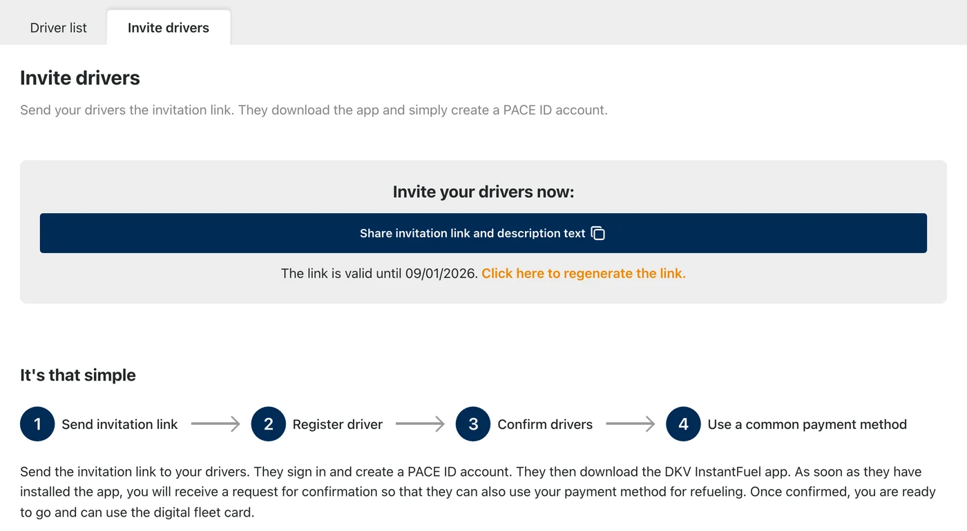 DKV InstantFuel dashboard: the “Invite drivers” page with a button to share the invitation link.