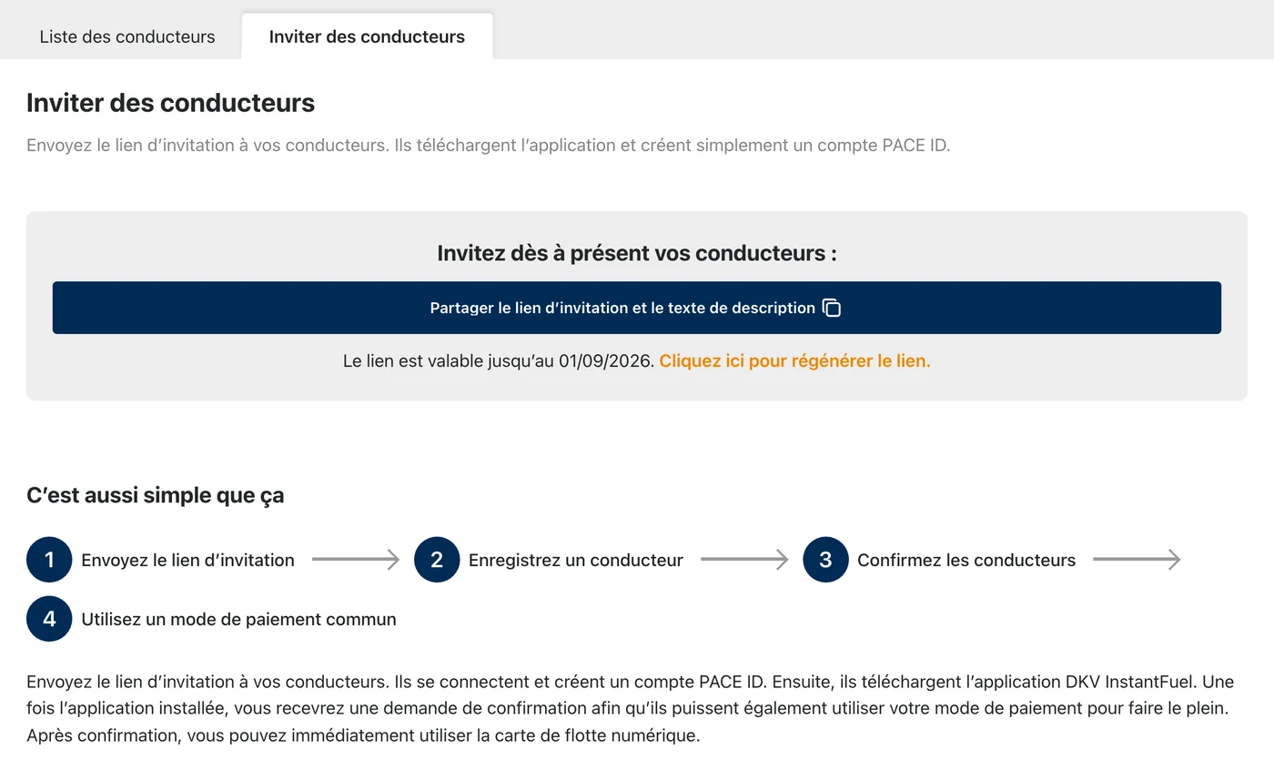 Tableau de bord DKV InstantFuel : la page « Inviter des conducteurs » avec un bouton pour partager le lien d'invitation.