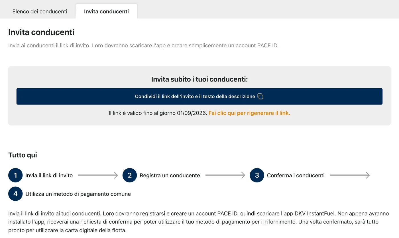 Dashboard DKV InstantFuel: la pagina « Invita conducenti » con il pulsante per condividere il link di invito.