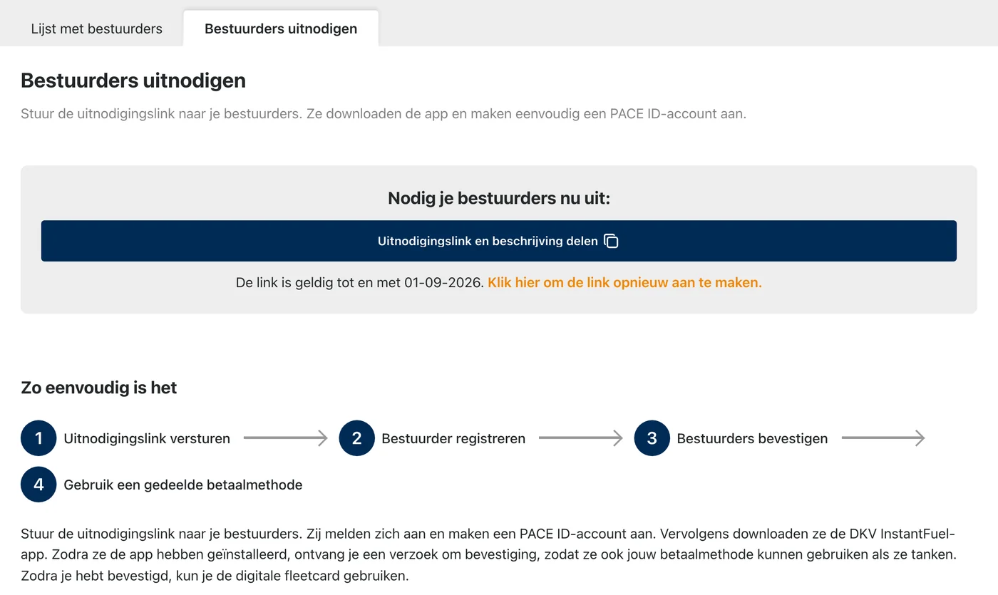 DKV InstantFuel-dashboard: de pagina “Bestuurders uitnodigen” met een knop om de uitnodigingslink te delen.