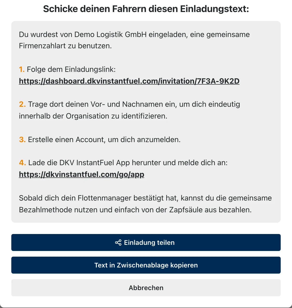 Der vorformulierte Einladungstext mit Link, den der Fahrer erhält.
