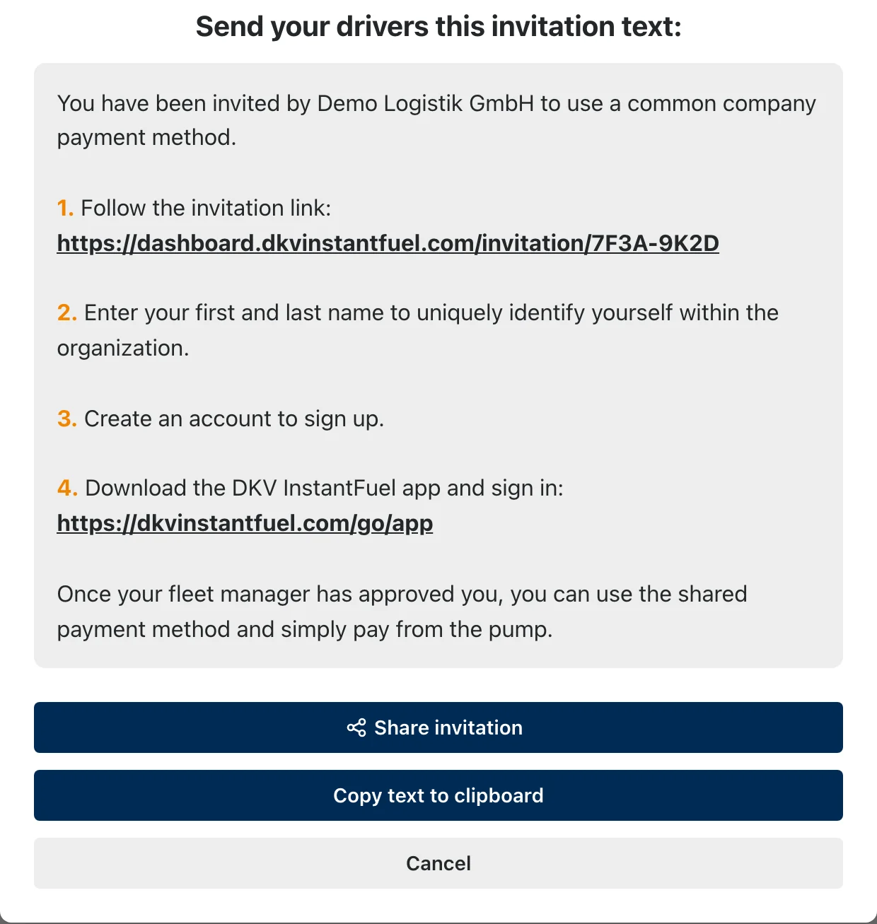 The ready-made invitation text with link that the driver receives.