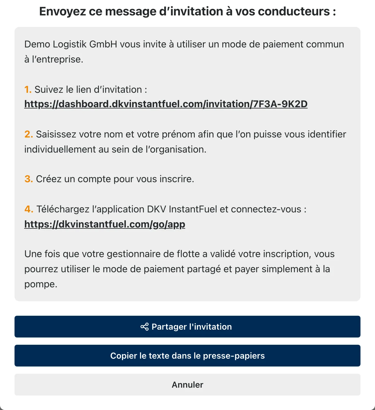 Le texte d'invitation prérédigé avec le lien que reçoit le conducteur.