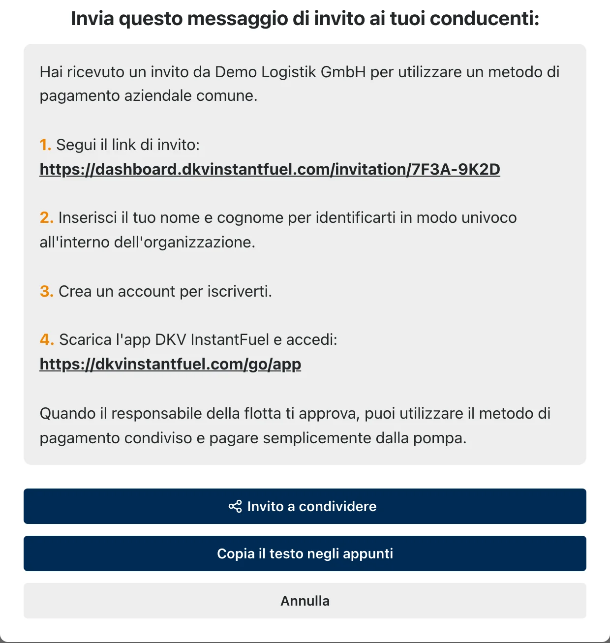 Il testo di invito già pronto con il link che riceve il conducente.