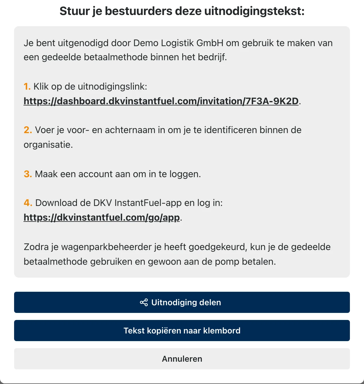 De kant-en-klare uitnodigingstekst met link die de bestuurder ontvangt.