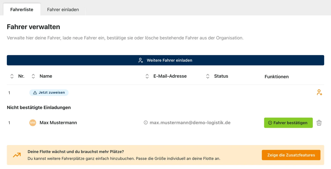 Fahrerliste im Dashboard mit einer nicht bestätigten Einladung und dem Button „Fahrer bestätigen“.