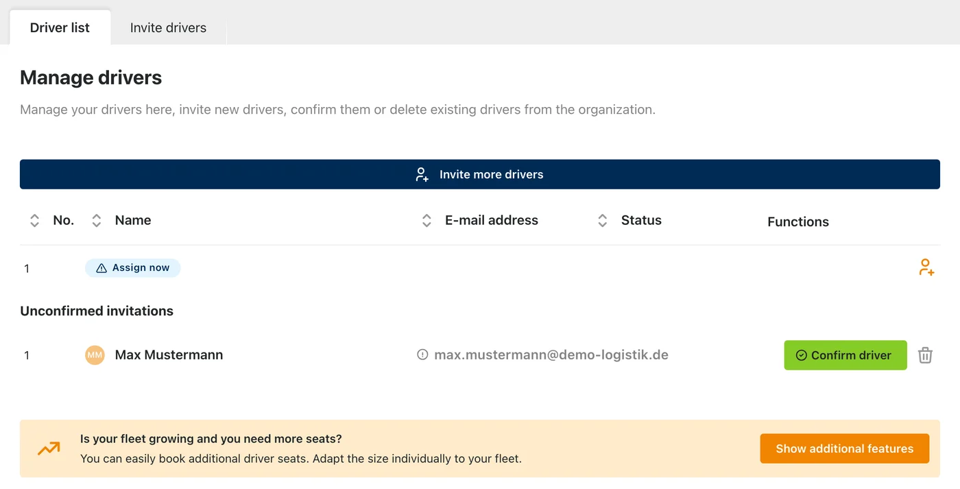 Driver list in the dashboard with a pending invitation and a “Confirm driver” button.