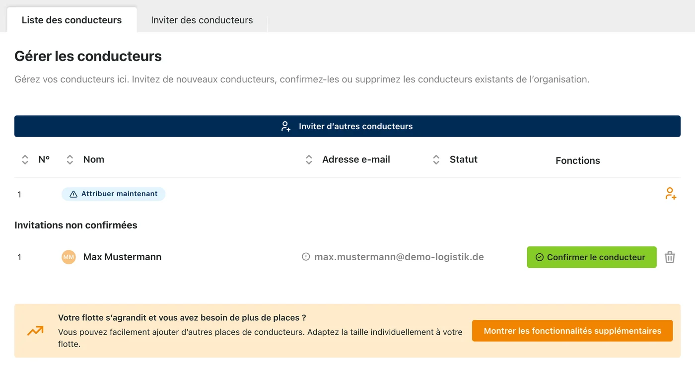 Liste des conducteurs dans le tableau de bord avec une invitation non confirmée et un bouton « Confirmer le conducteur ».