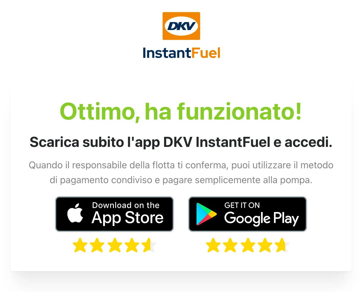 La schermata di conferma dell'app « Fatto! » con i pulsanti degli store.