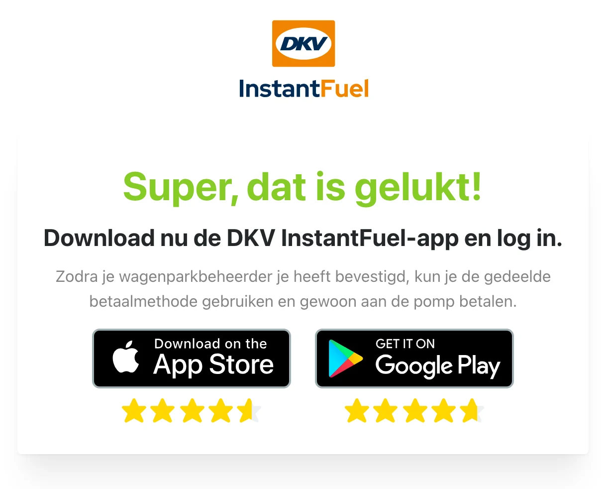 Het bevestigingsscherm van de app “Gelukt!” met App Store-knoppen.
