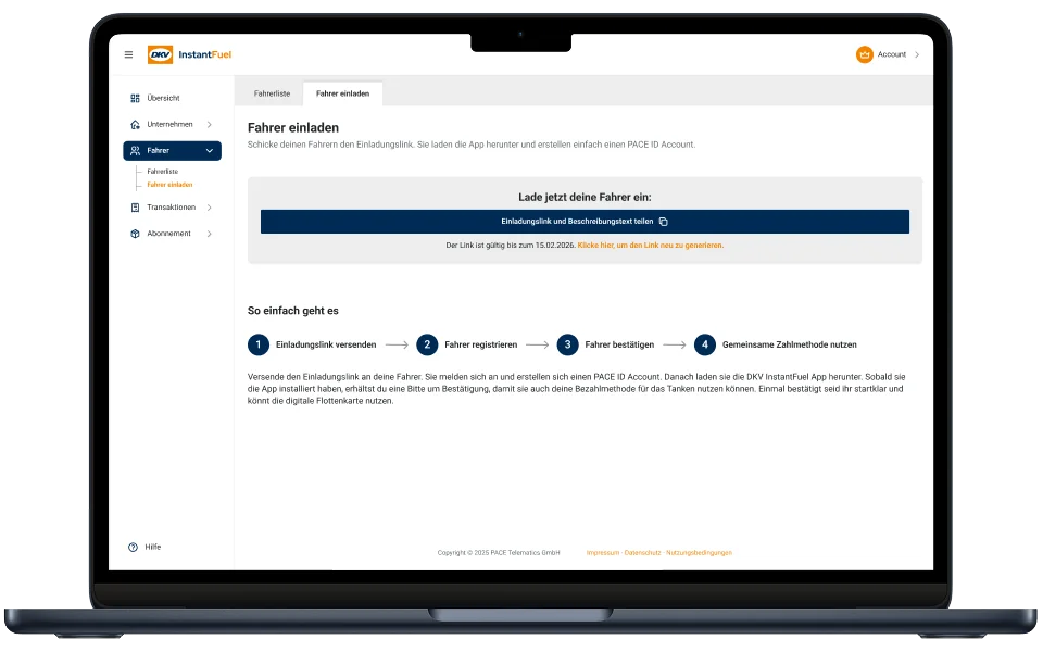 Dashboard-Ansicht mit Liste eingeladener Fahrer und Einladungs-Status.