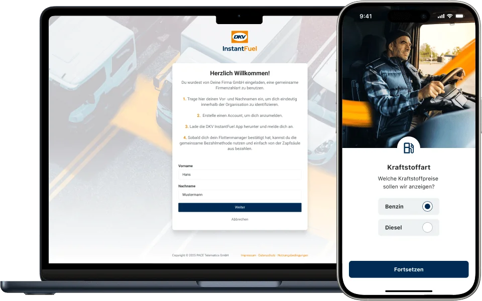 Smartphone mit installierter DKV InstantFuel-App und Begrüßungs-Bildschirm.